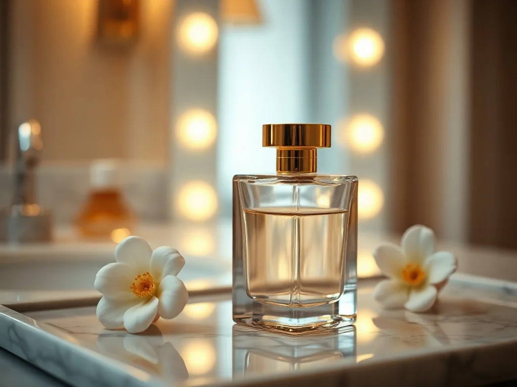 Elegancki flakon perfum La Rive Her Choice na marmurowej tacy, podkreślający luksusowy charakter zapachu.