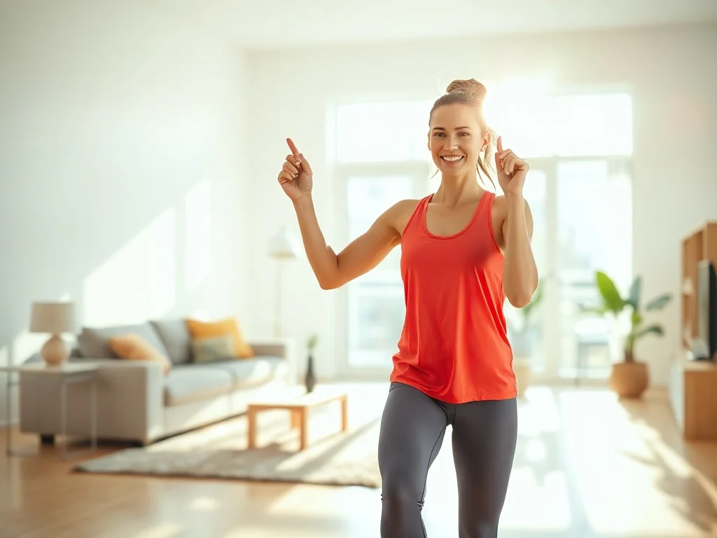 Kobieta w sportowym stroju energicznie tańczy zumbę w jasnym, nowoczesnym salonie.