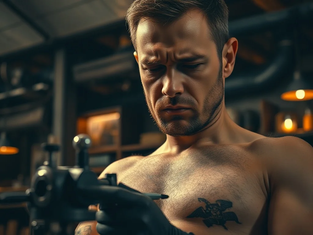 Mężczyzna w studiu tatuażu odczuwający ból podczas tatuowania żeber. Obraz ilustruje miejsca na ciele o wysokiej wrażliwości.