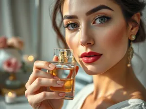 Elegancki flakon perfum Carolina Herrera na marmurowym blacie w luksusowej sypialni.