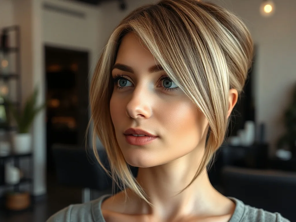 Kobieta z modnym efektem ciemnych odrostów przy blond włosach w profesjonalnym salonie fryzjerskim.