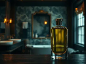 Elegancka kobieta trzymająca flakon perfum Calvin Klein w otoczeniu luksusowej toaletki w pastelowych barwach.