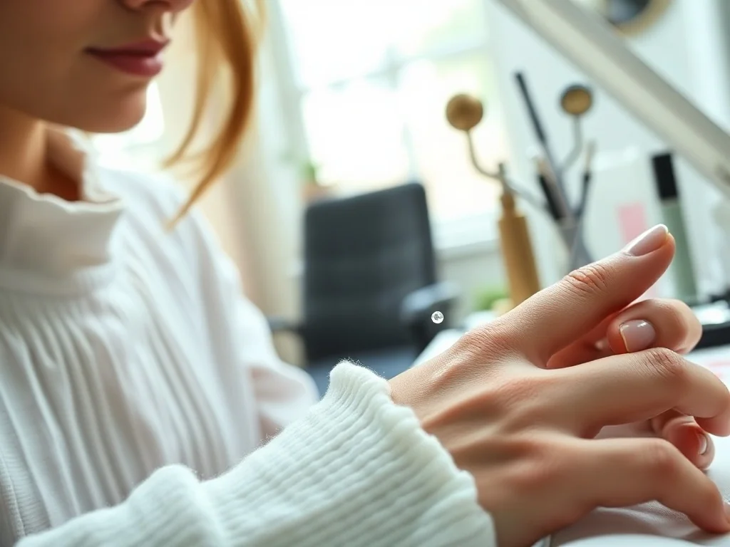 Zadbane dłonie z nałożonym żelem do usuwania skórek podczas profesjonalnego zabiegu manicure w salonie kosmetycznym.