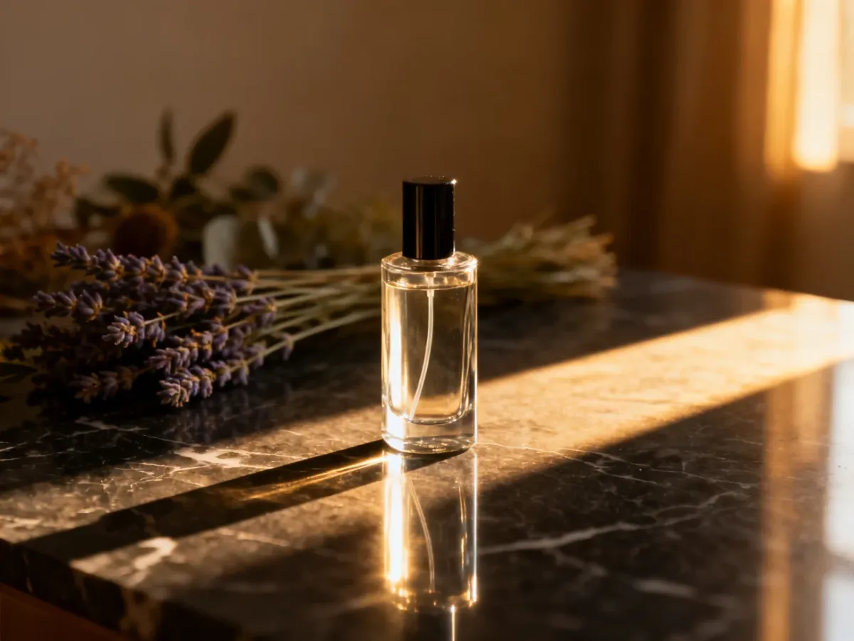Elegancki flakon polskich perfum na marmurowym blacie w otoczeniu suszonej lawendy, podkreślający wysoką jakość produktu.