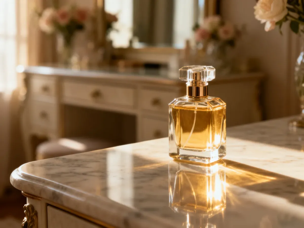 Elegancki flakon perfum na marmurowym blacie w promieniach porannego słońca, podkreślający luksusowy charakter zapachu.
