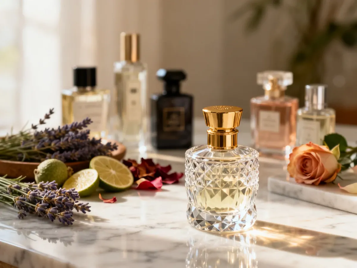 Eleganckie flakony perfum na marmurowym blacie w otoczeniu suszonych kwiatów i owoców, podkreślające luksusowy charakter zapachu.
