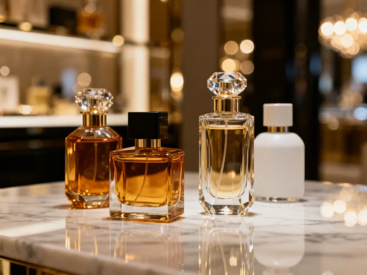 Eleganckie flakony perfum na marmurowym blacie w luksusowym, ciepłym oświetleniu.