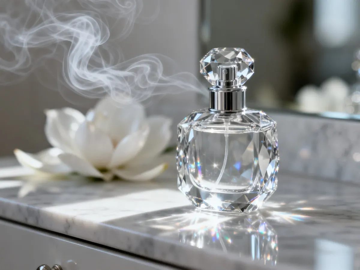 Elegancki flakon perfum na marmurowym blacie, otoczony białymi płatkami kwiatów i eteryczną mgiełką podkreślającą świeżość.