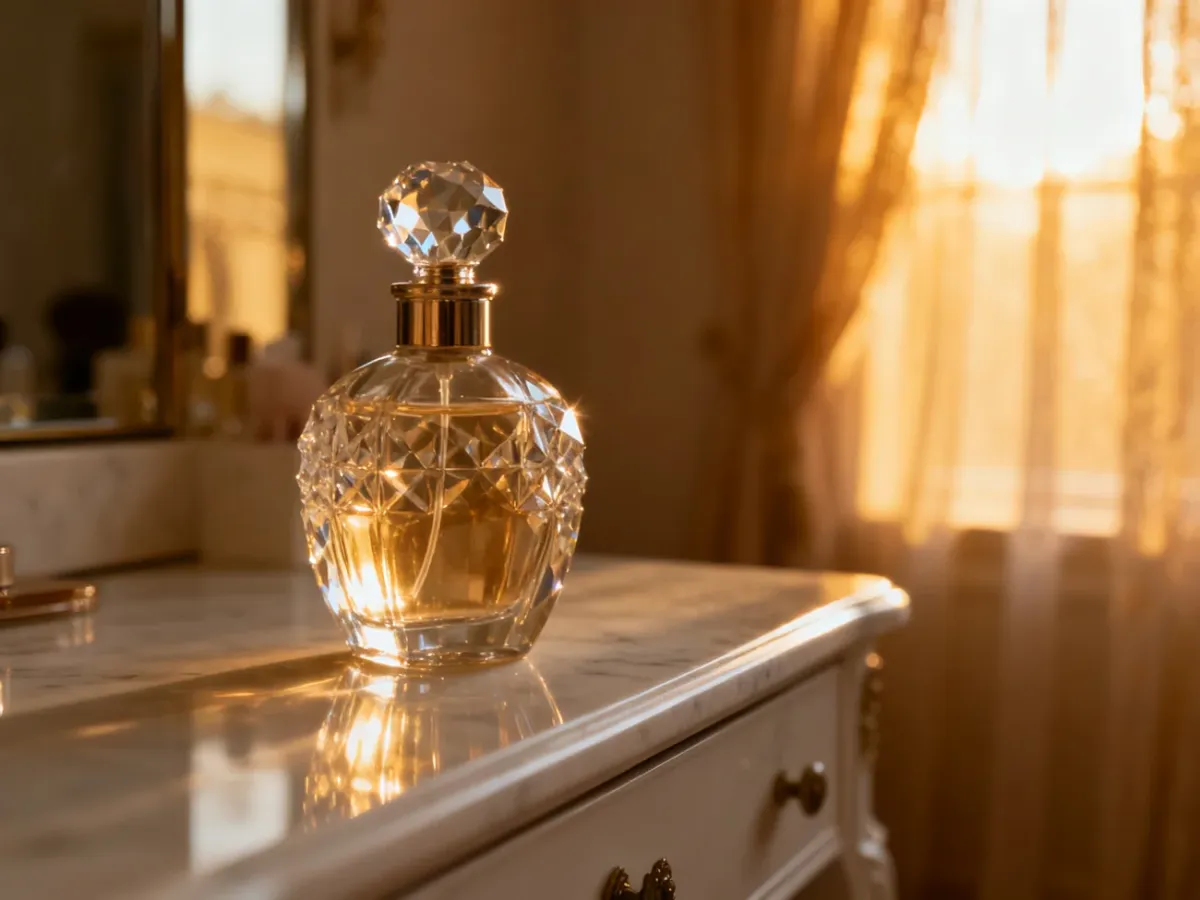 Elegancki flakon perfum na marmurowym blacie w słonecznej sypialni, podkreślający rytuał aplikacji zapachu.