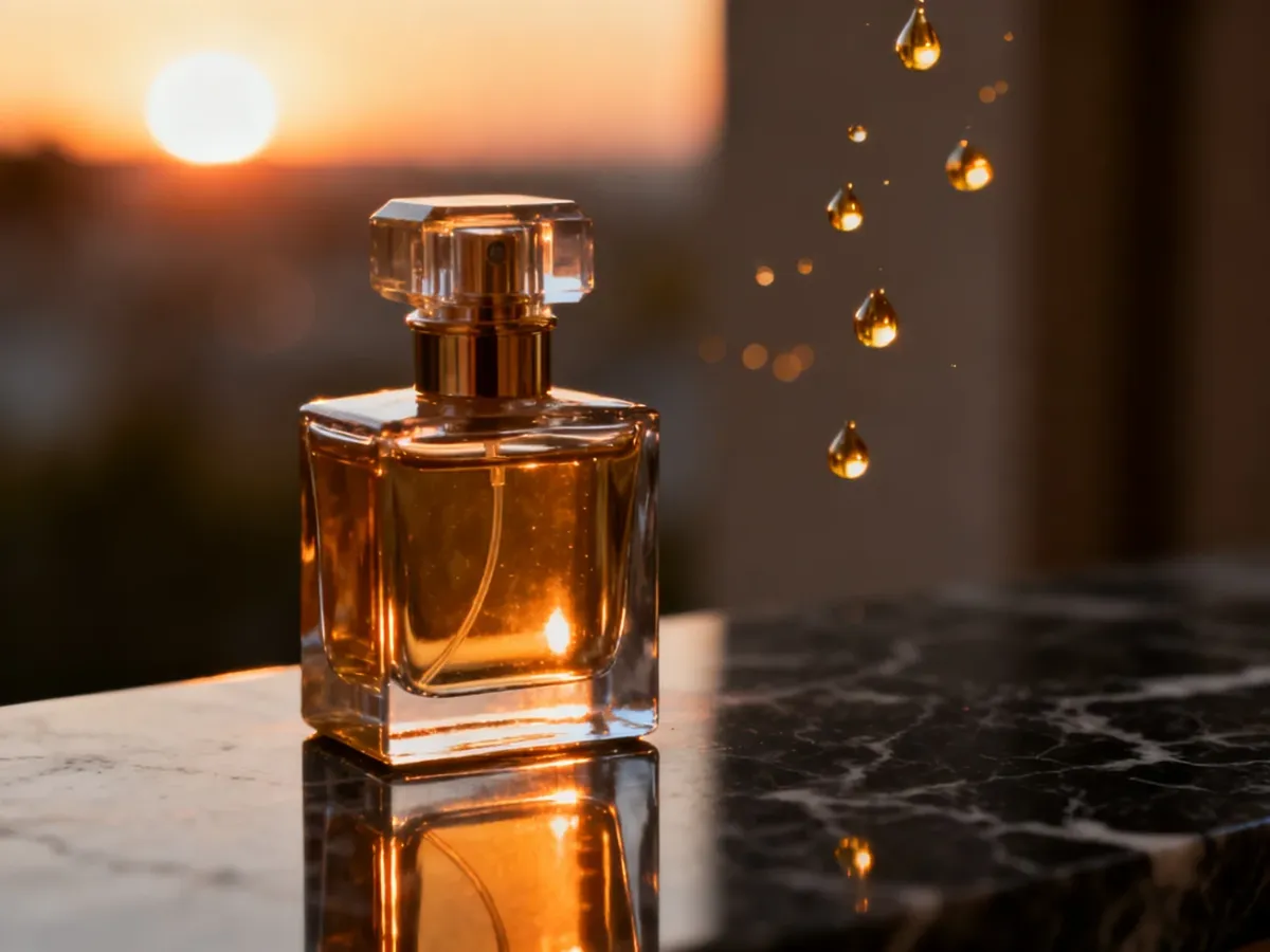Elegancki flakon męskich perfum na marmurowym blacie w świetle zachodzącego słońca, podkreślający luksusowy charakter zapachu.