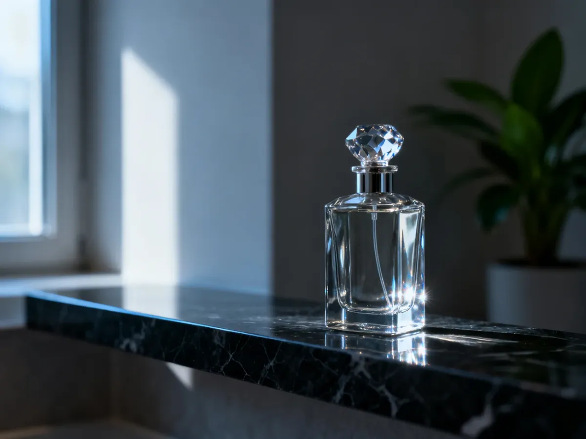 Elegancki flakon perfum na ciemnej marmurowej półce w chłodnej łazience, podkreślający optymalne warunki przechowywania zapachów.