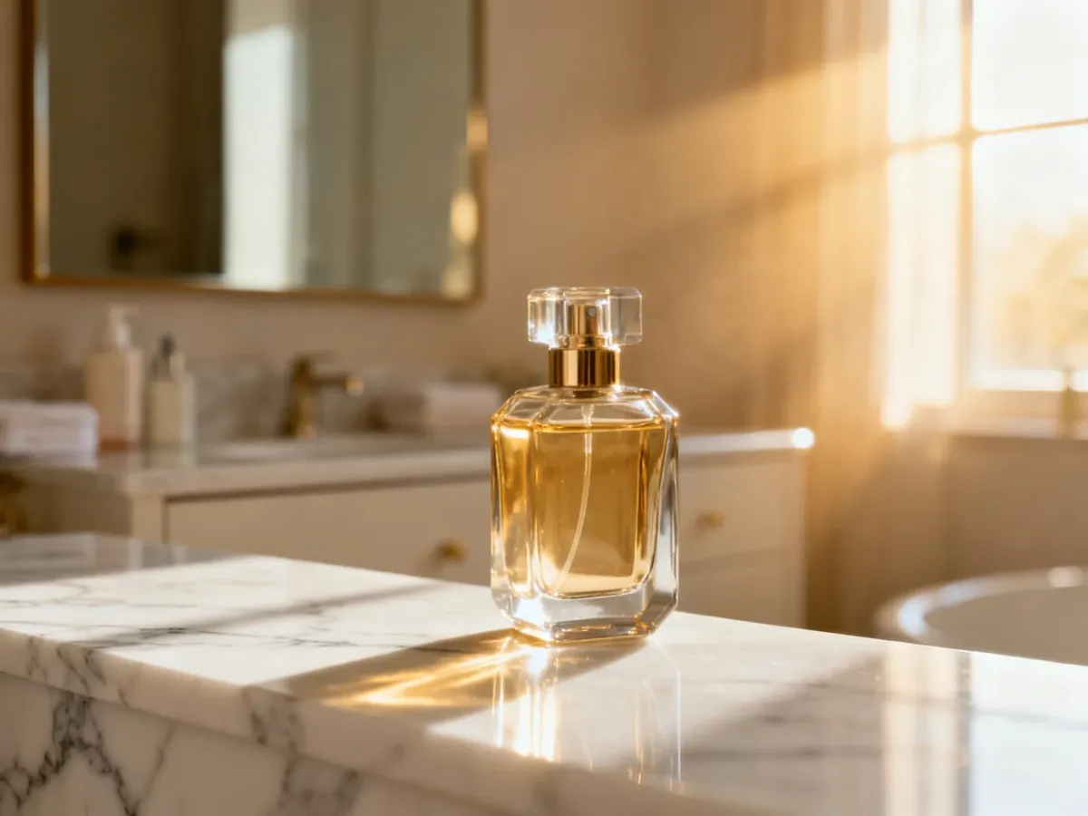 Elegancki flakon perfum na marmurowym blacie w słonecznej łazience, podkreślający luksusowy charakter pielęgnacji włosów.