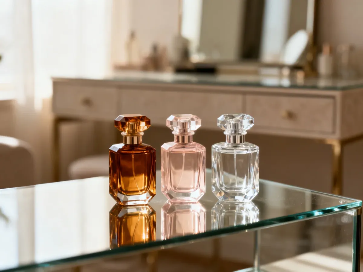 Eleganckie flakony perfum na szklanej powierzchni, prezentujące różnorodne odcienie zapachów w minimalistycznym stylu.