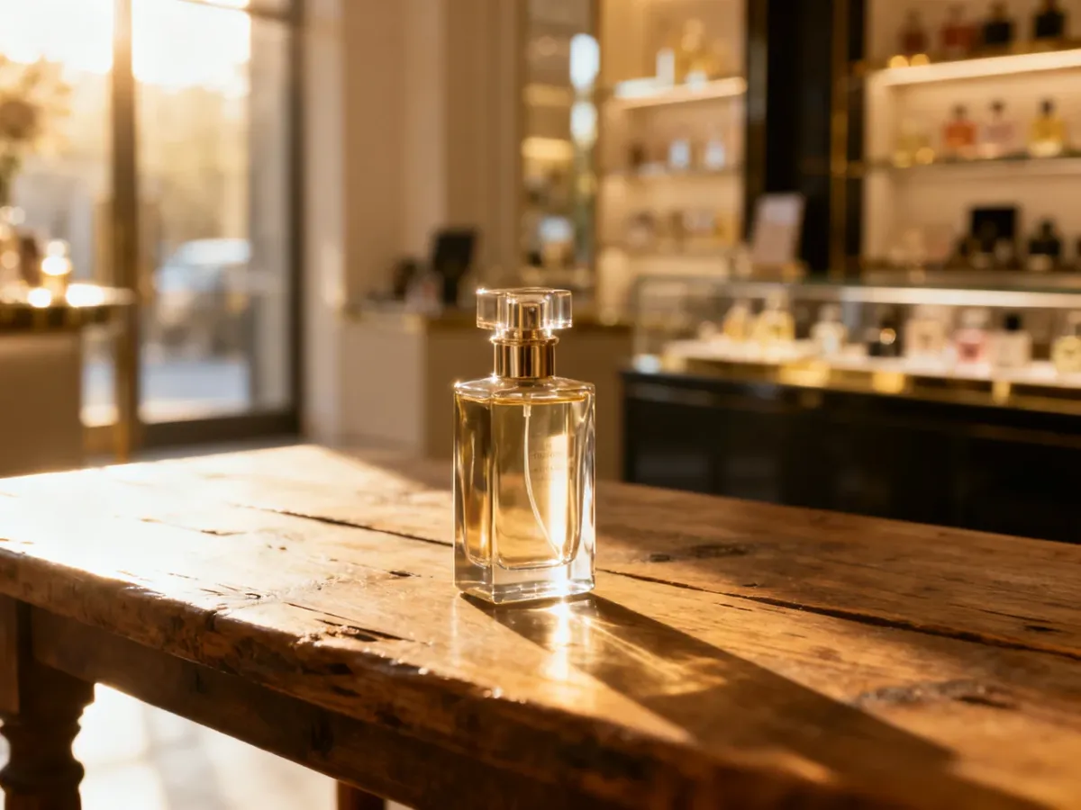 Elegancki flakon perfum na drewnianym stole w luksusowym wnętrzu butiku.