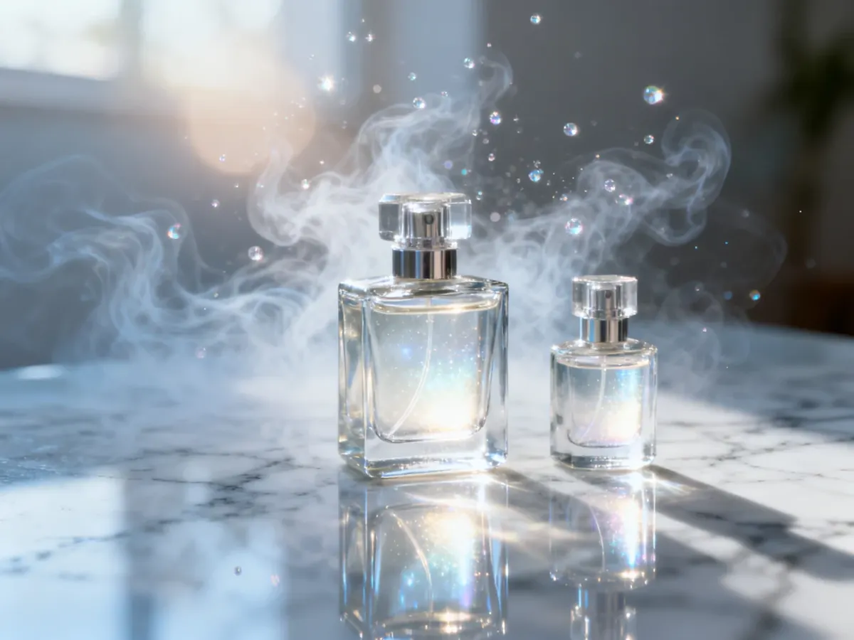 Eleganckie flakony perfum na marmurowym blacie w otoczeniu świetlistej mgiełki, podkreślające świeży i eteryczny charakter nut.