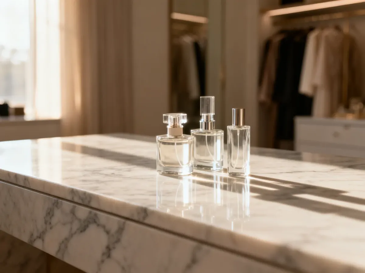 Eleganckie flakony perfum Zara ustawione na marmurowym blacie w promieniach porannego słońca.