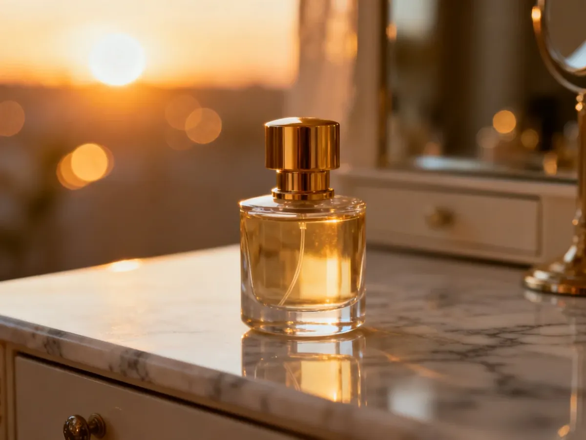 Elegancki flakon perfum Gucci na marmurowym blacie w ciepłym świetle zachodzącego słońca.