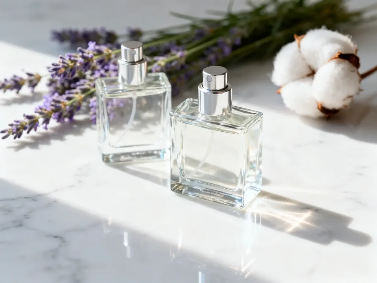 Eleganckie flakony perfum na marmurowym blacie w otoczeniu lawendy i kwiatów bawełny, symbolizujące delikatność i czystość.