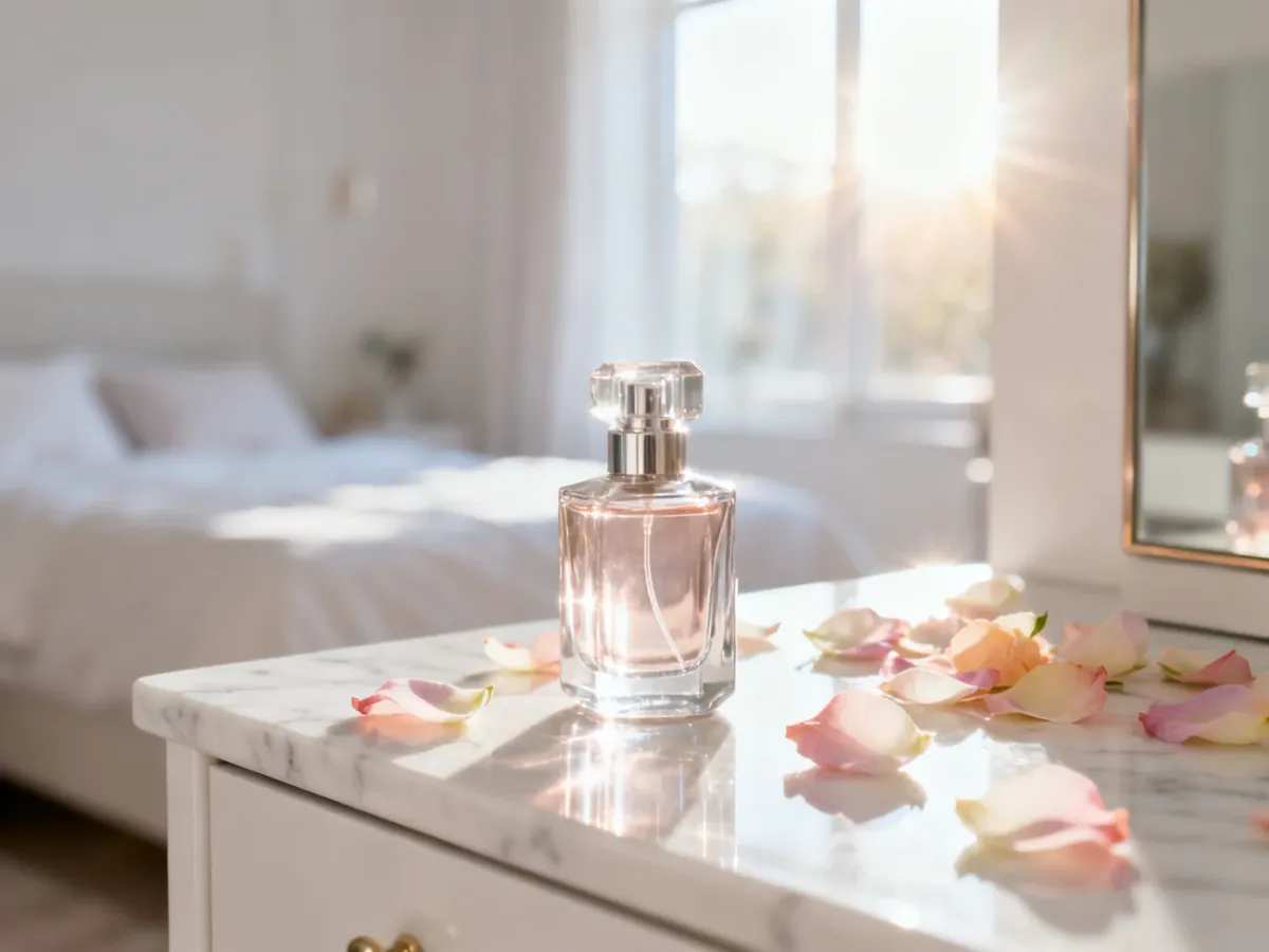 Elegancki flakon perfum na marmurowym blacie w otoczeniu kwiatowych płatków, tworzący subtelną i kobiecą atmosferę.
