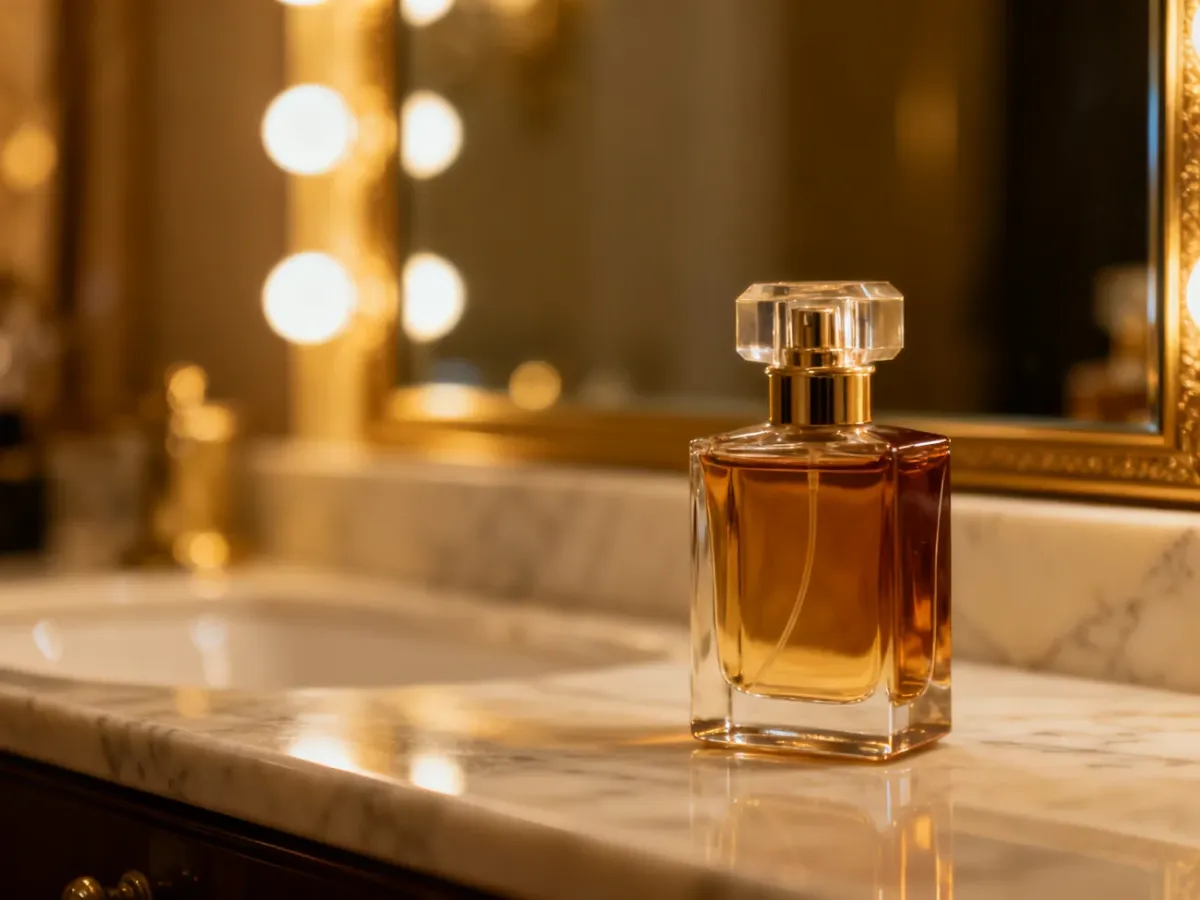 Elegancki flakon perfum na marmurowym blacie w otoczeniu ciepłego, wieczornego światła, idealny jako pomysł na prezent.
