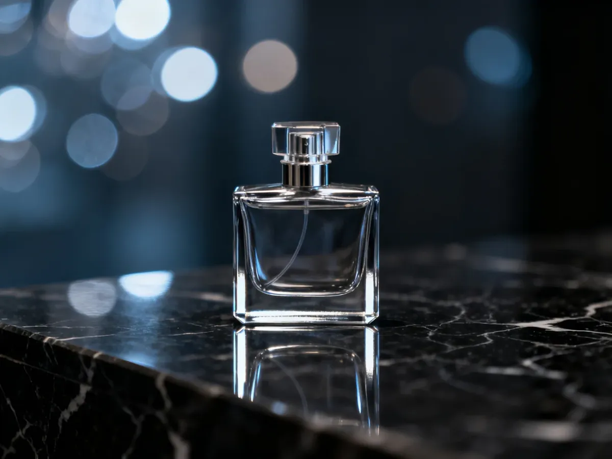 Elegancki flakon perfum Givenchy na ciemnym marmurowym blacie w otoczeniu delikatnych świateł bokeh.