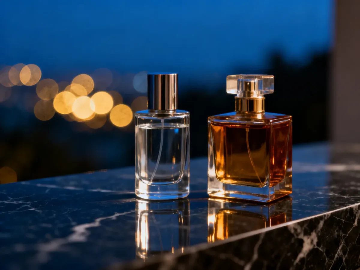Dwie luksusowe butelki perfum na marmurowym blacie, symbolizujące kontrast między dziennymi a wieczorowymi zapachami.