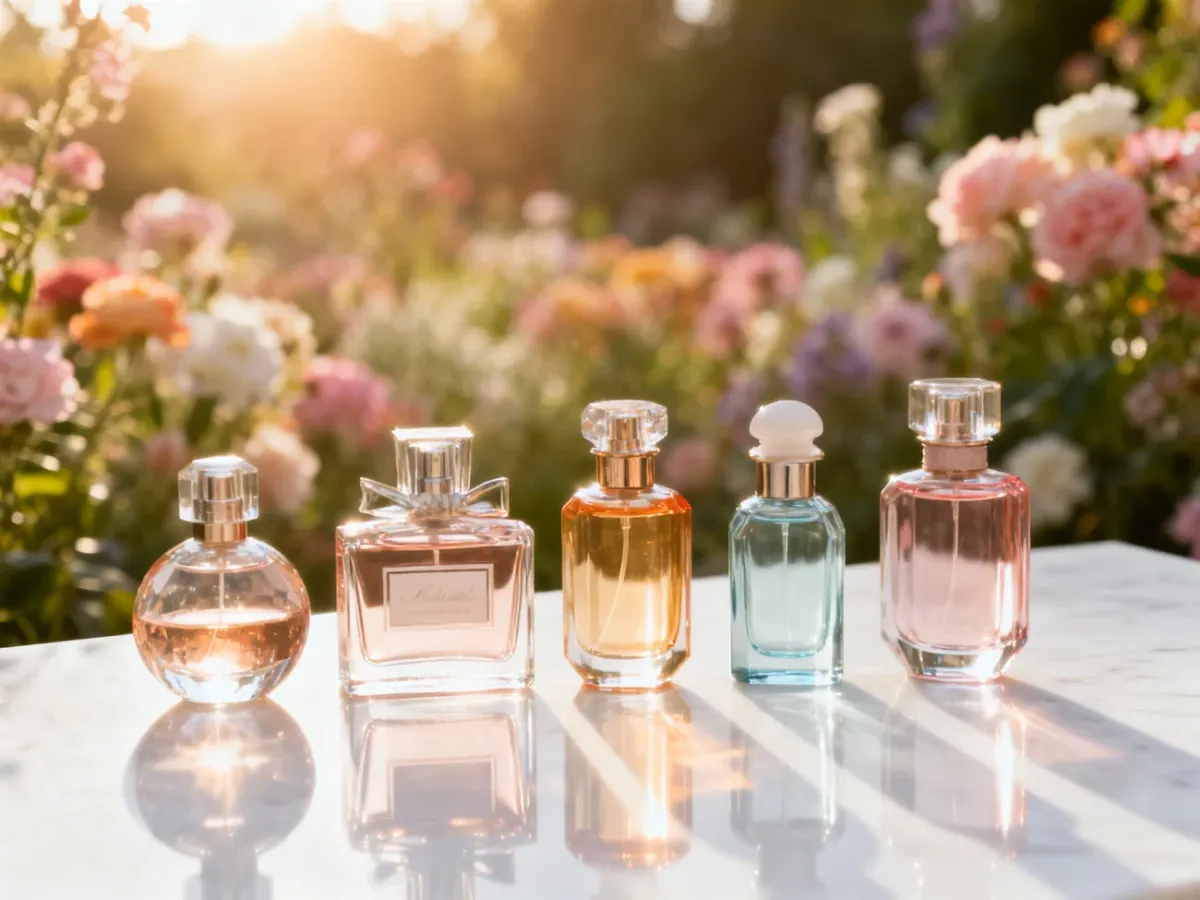 Eleganckie flakony perfum marki Bi-es ustawione na marmurowym blacie w otoczeniu kwiatów, podkreślające luksusowy charakter zapachów.