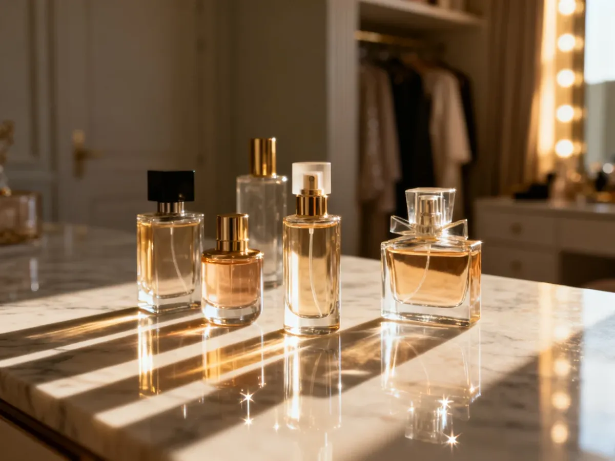 Eleganckie flakony perfum Lazell ustawione na marmurowym blacie w promieniach zachodzącego słońca.