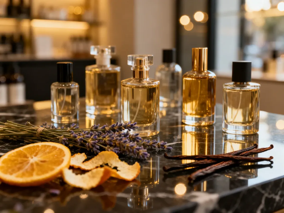 Szklane flakony perfum otoczone naturalnymi składnikami, takimi jak lawenda i wanilia, na eleganckim marmurowym blacie.
