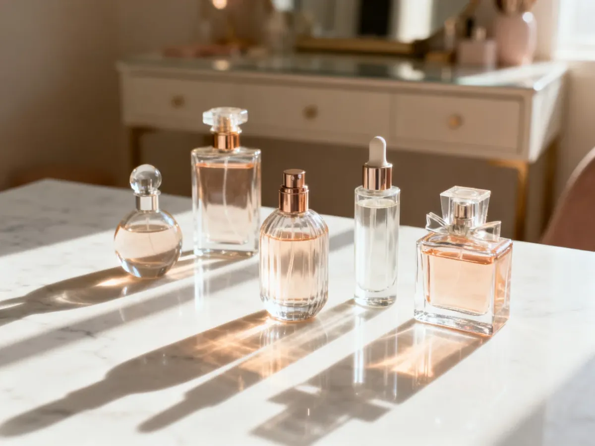 Eleganckie flakony perfum ustawione na marmurowym blacie w świetle poranka, prezentujące ofertę zamienników zapachów.