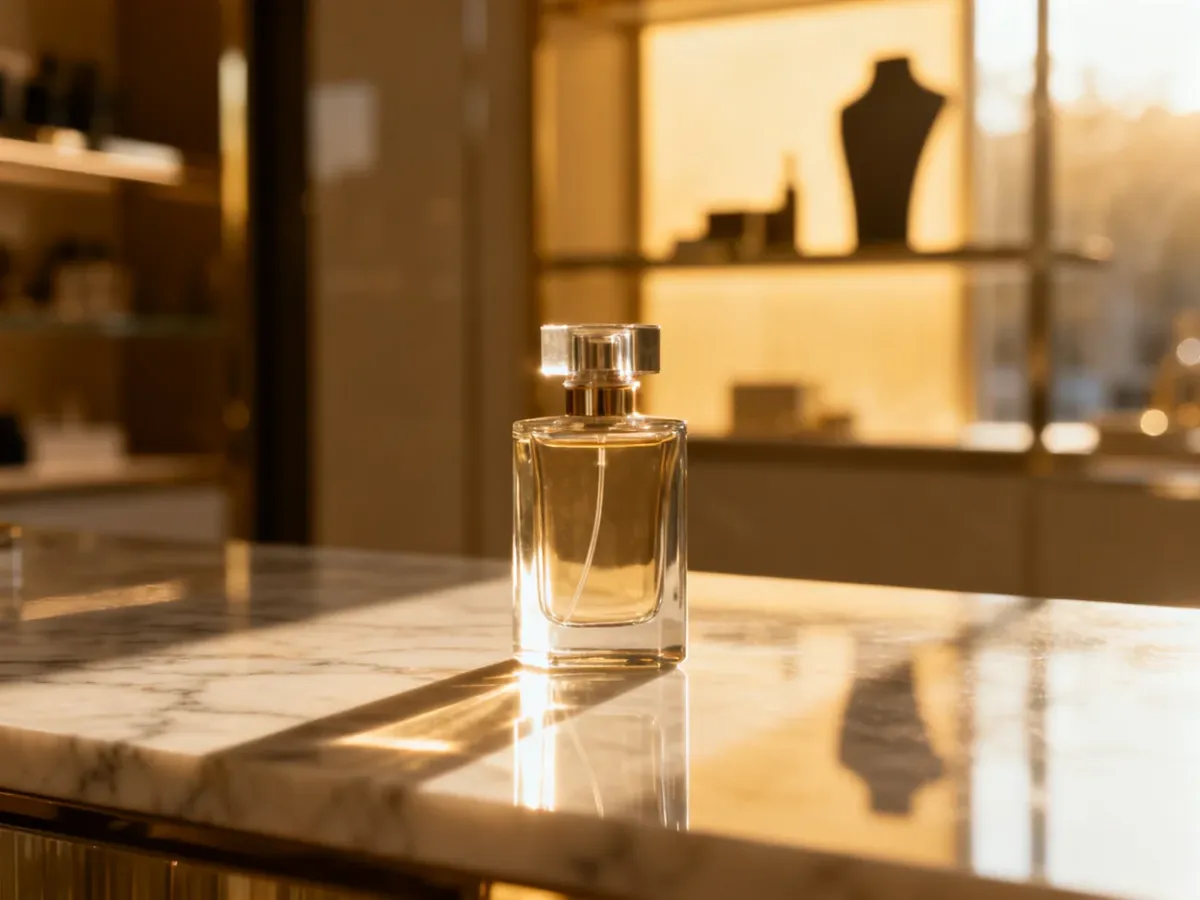 Elegancki flakon perfum Prada na marmurowym blacie w promieniach porannego słońca.