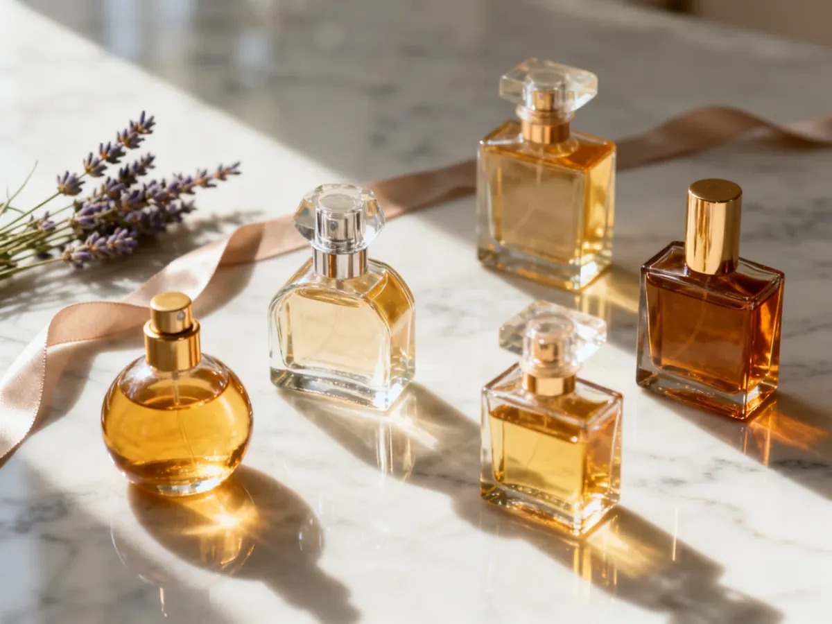 Eleganckie flakony perfum na marmurowym blacie w świetle poranka, podkreślające estetykę i jakość zapachów na co dzień.