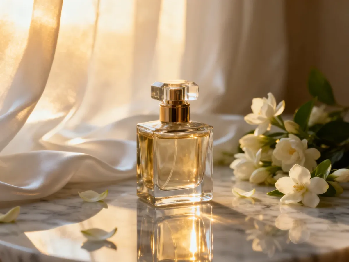 Elegancki flakon perfum na marmurowym blacie w otoczeniu płatków jaśminu i jedwabiu w promieniach porannego słońca.