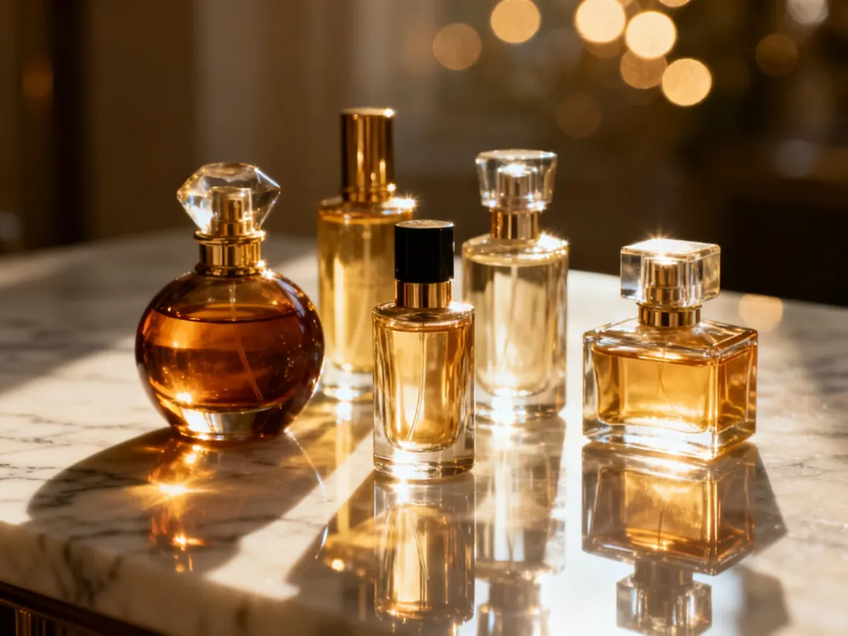 Eleganckie flakony perfum ustawione na marmurowym blacie w ciepłym, luksusowym świetle.