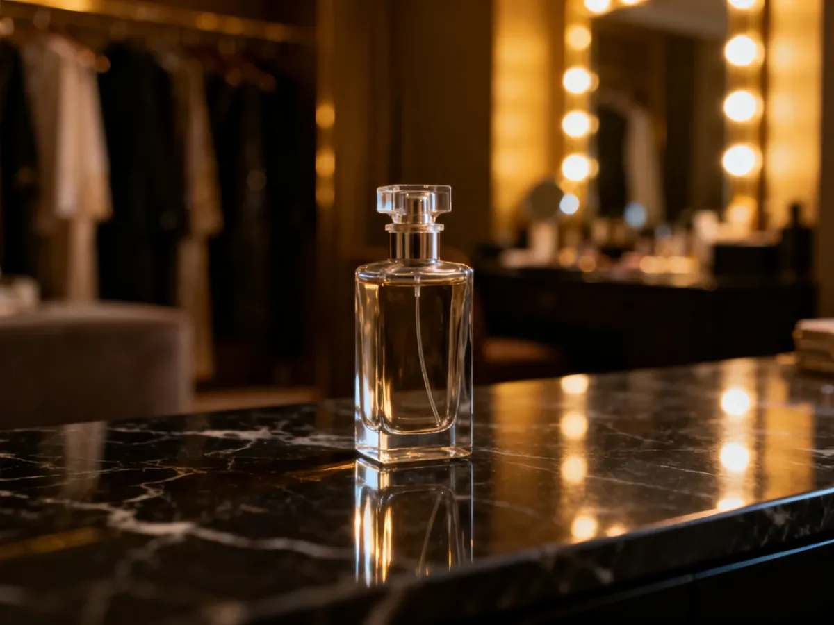 Elegancki flakon męskich perfum na ciemnym marmurowym blacie w nastrojowo oświetlonej garderobie.